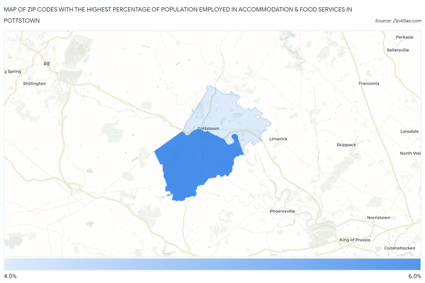 Zip Codes with the Highest Percentage of Population Employed in Accommodation & Food Services in Pottstown Map