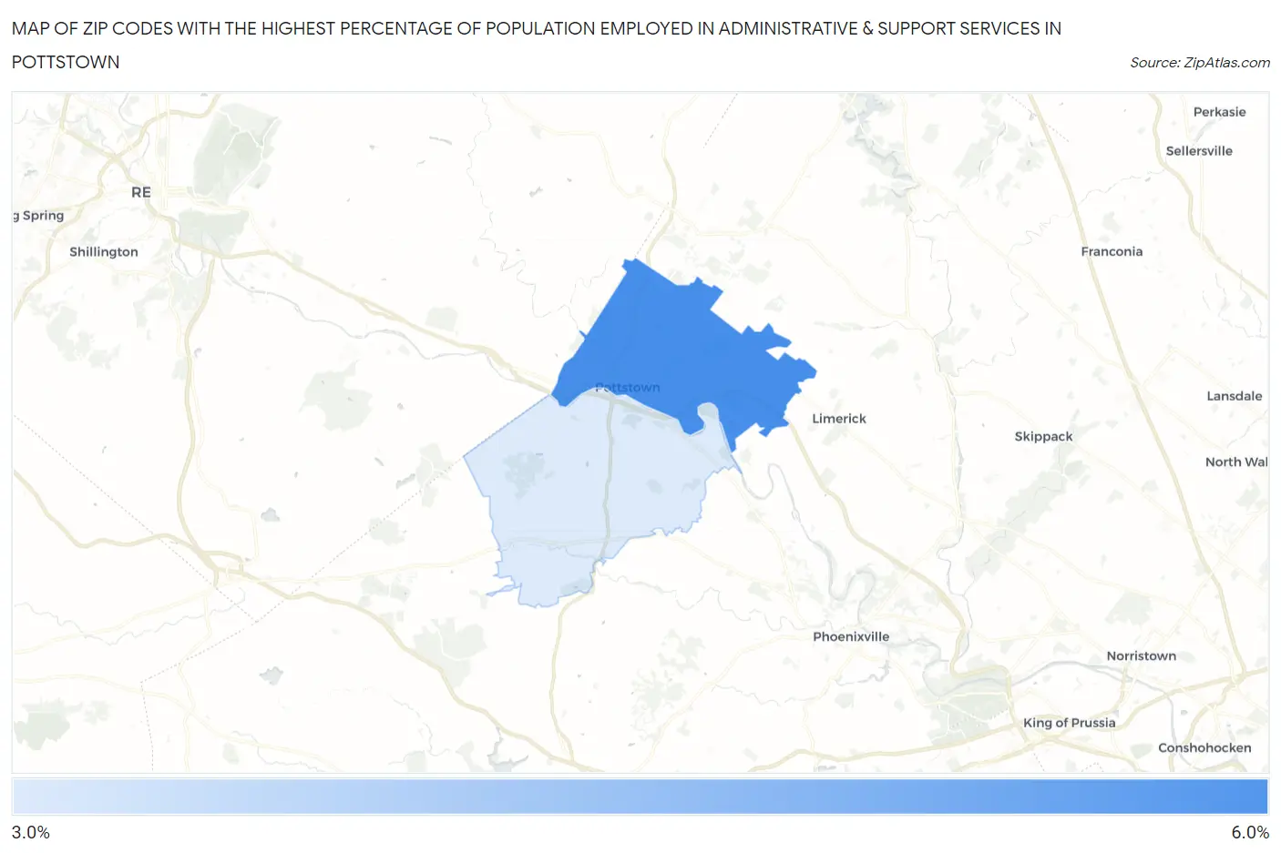 Zip Codes with the Highest Percentage of Population Employed in Administrative & Support Services in Pottstown Map