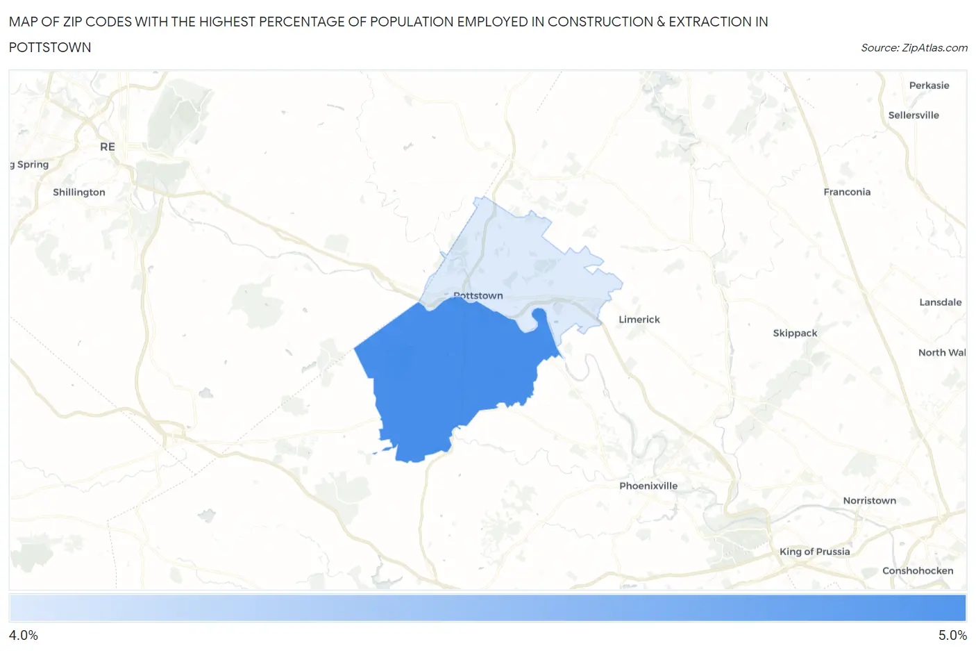 Zip Codes with the Highest Percentage of Population Employed in Construction & Extraction in Pottstown Map