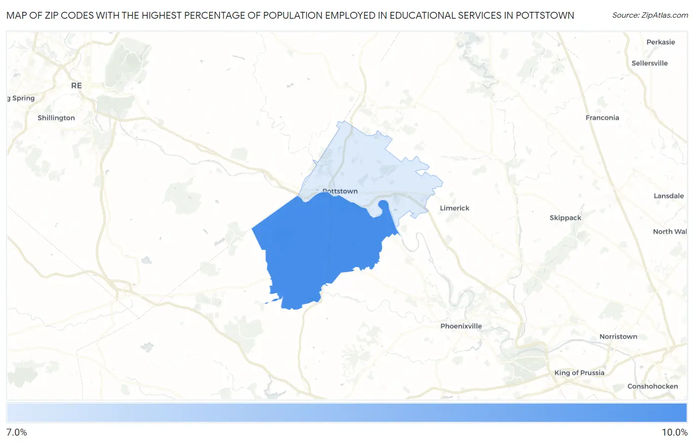 Zip Codes with the Highest Percentage of Population Employed in Educational Services in Pottstown Map