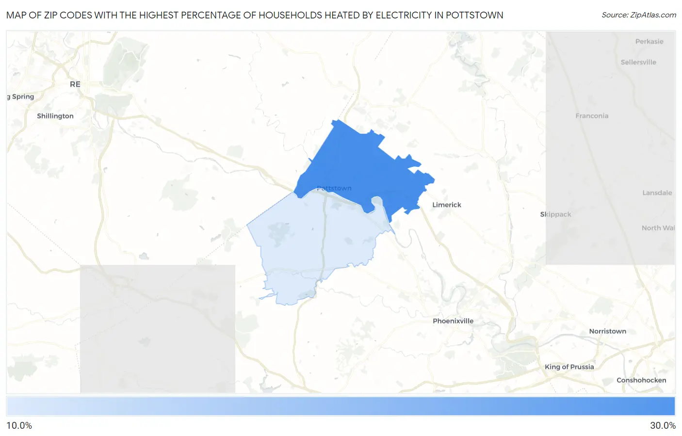 Zip Codes with the Highest Percentage of Households Heated by Electricity in Pottstown Map