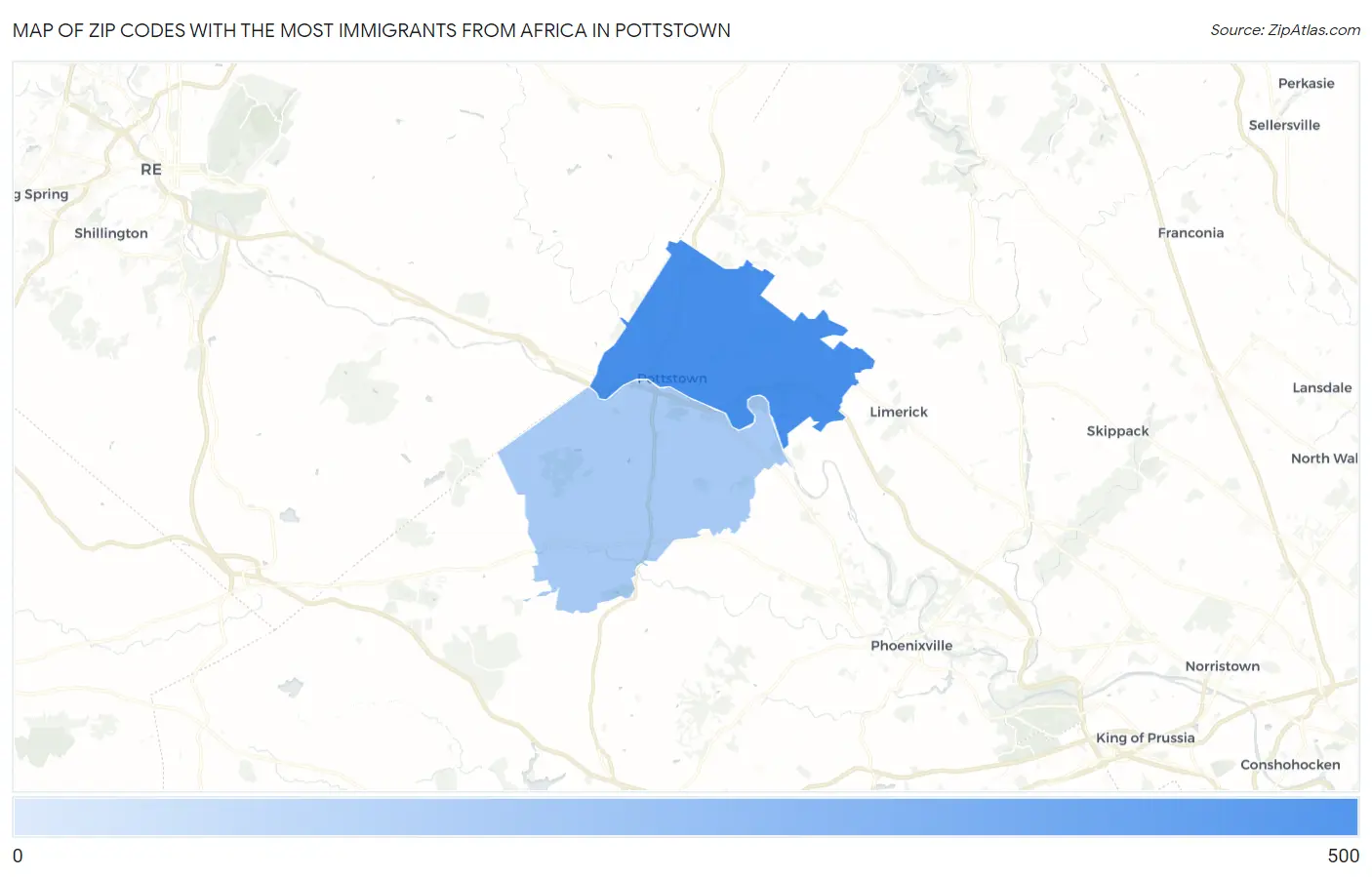 Zip Codes with the Most Immigrants from Africa in Pottstown Map