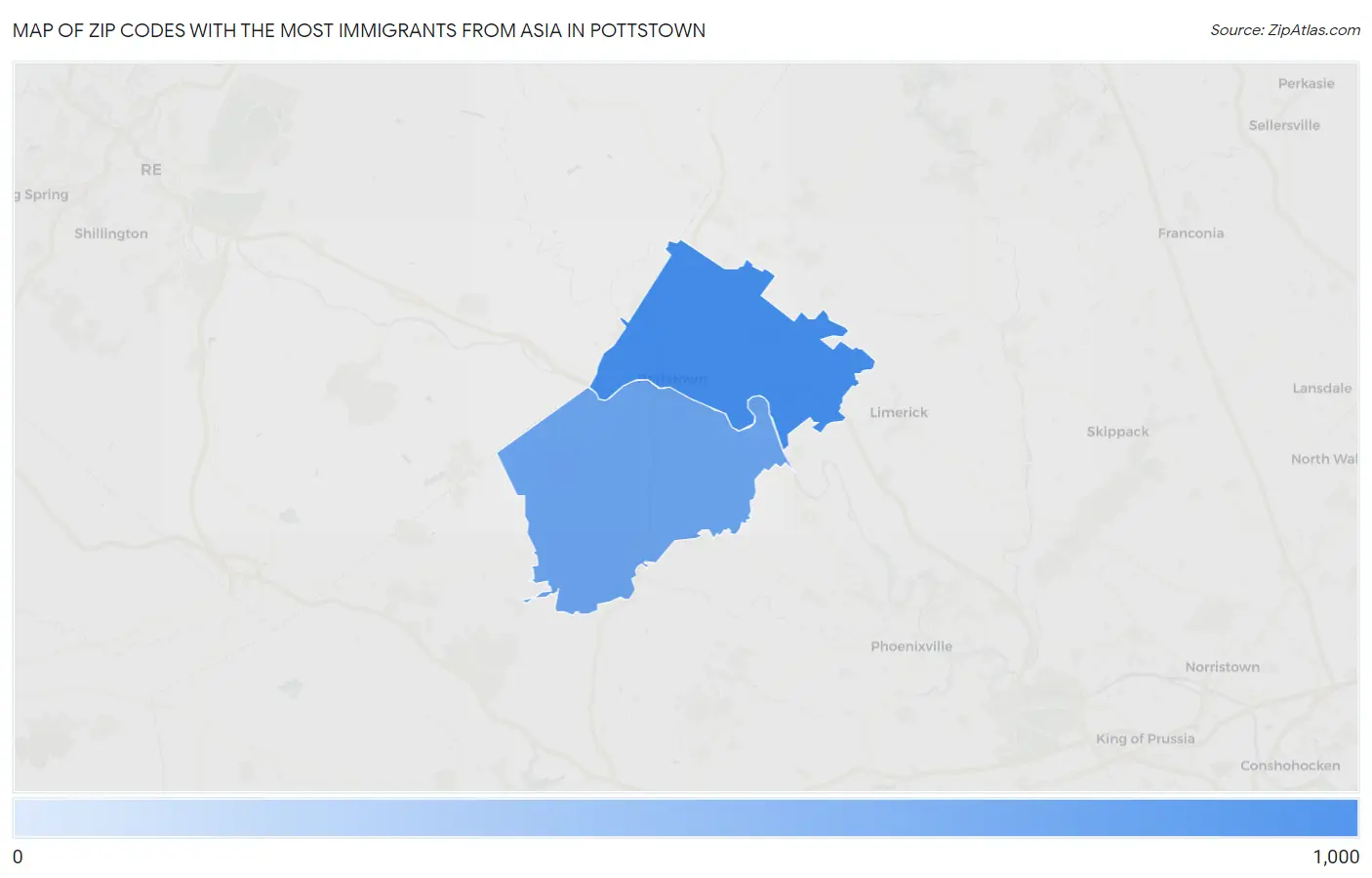 Zip Codes with the Most Immigrants from Asia in Pottstown Map