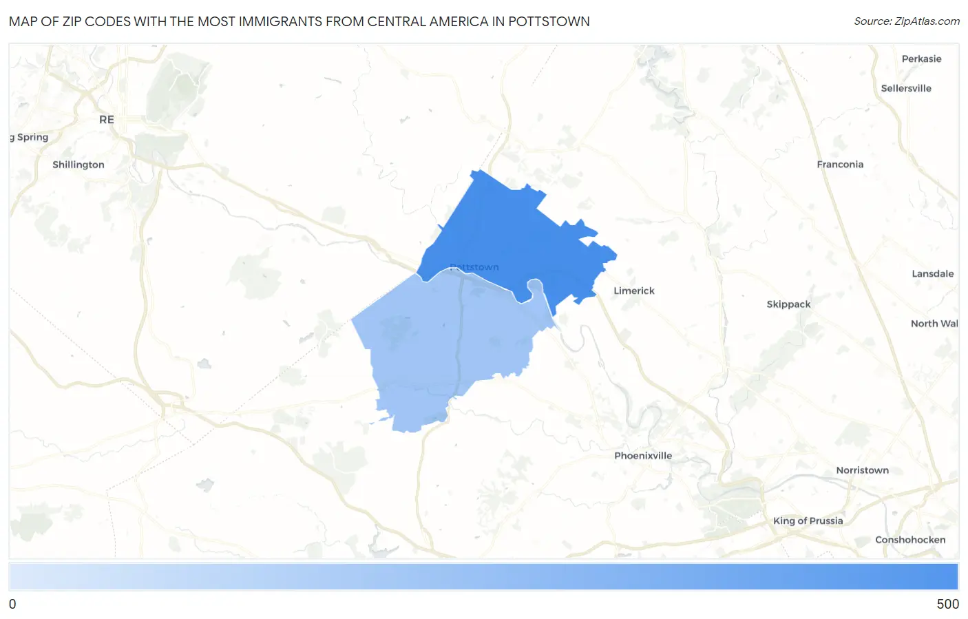Zip Codes with the Most Immigrants from Central America in Pottstown Map