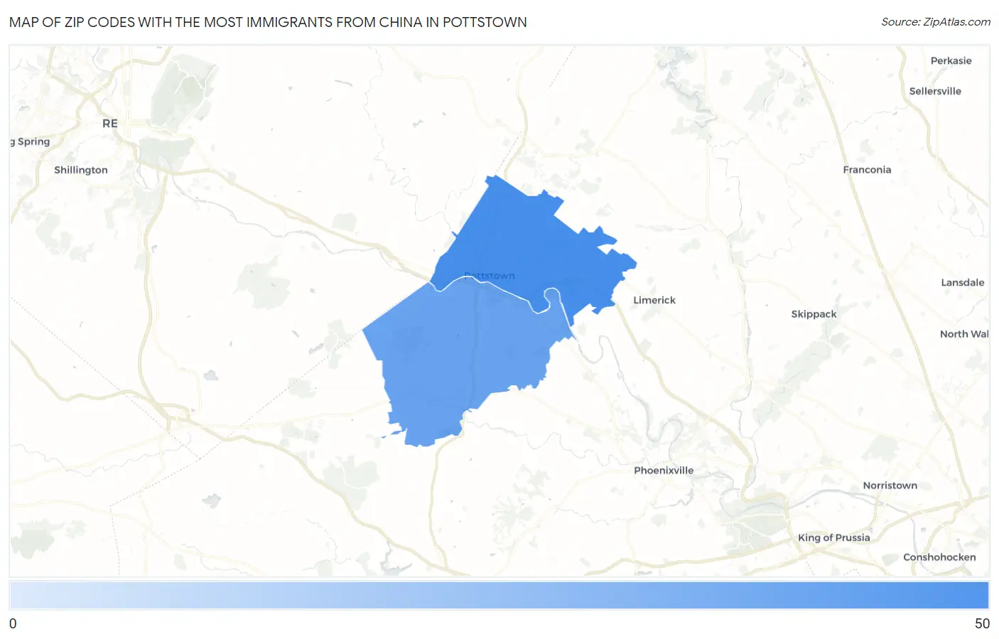 Zip Codes with the Most Immigrants from China in Pottstown Map