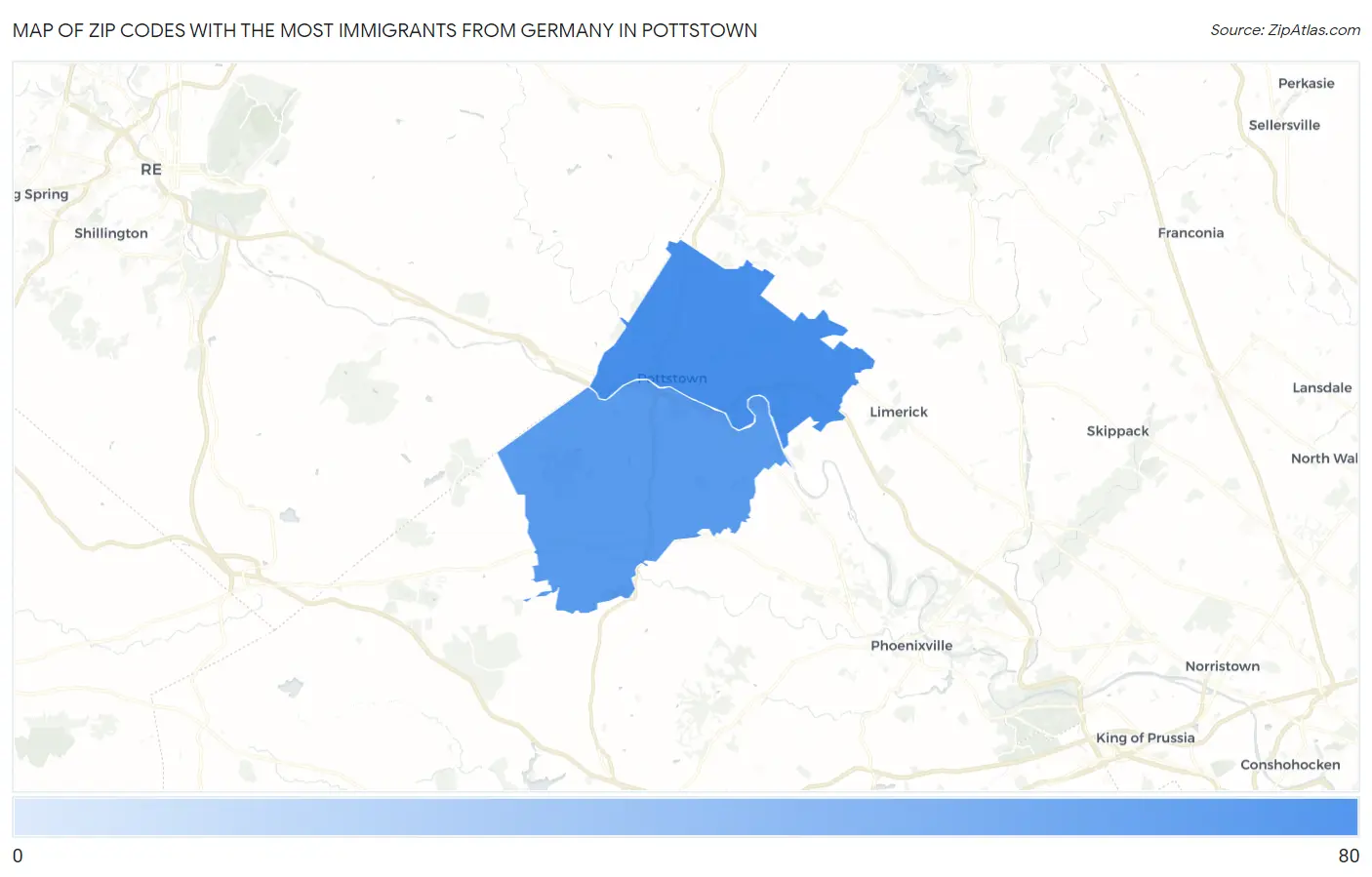 Zip Codes with the Most Immigrants from Germany in Pottstown Map