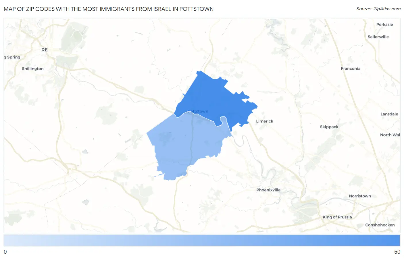 Zip Codes with the Most Immigrants from Israel in Pottstown Map