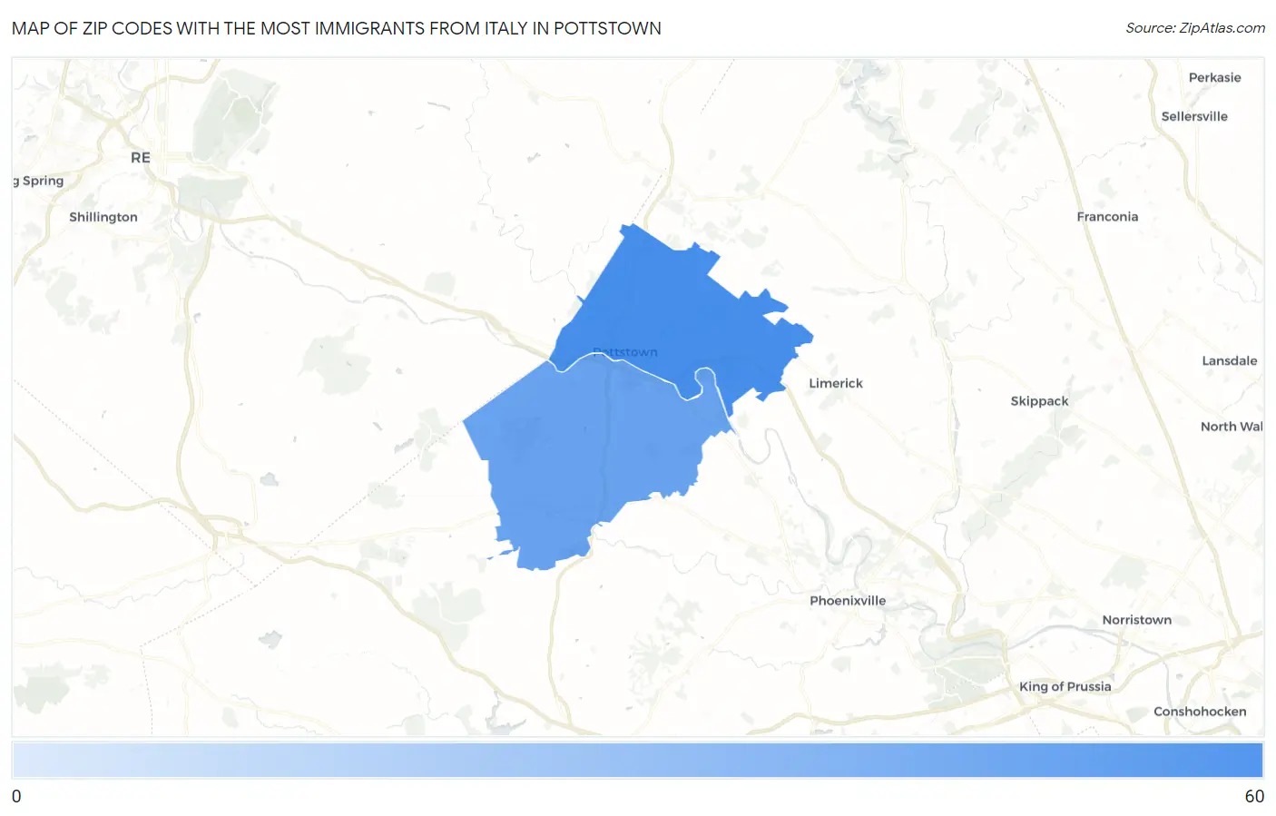 Zip Codes with the Most Immigrants from Italy in Pottstown Map