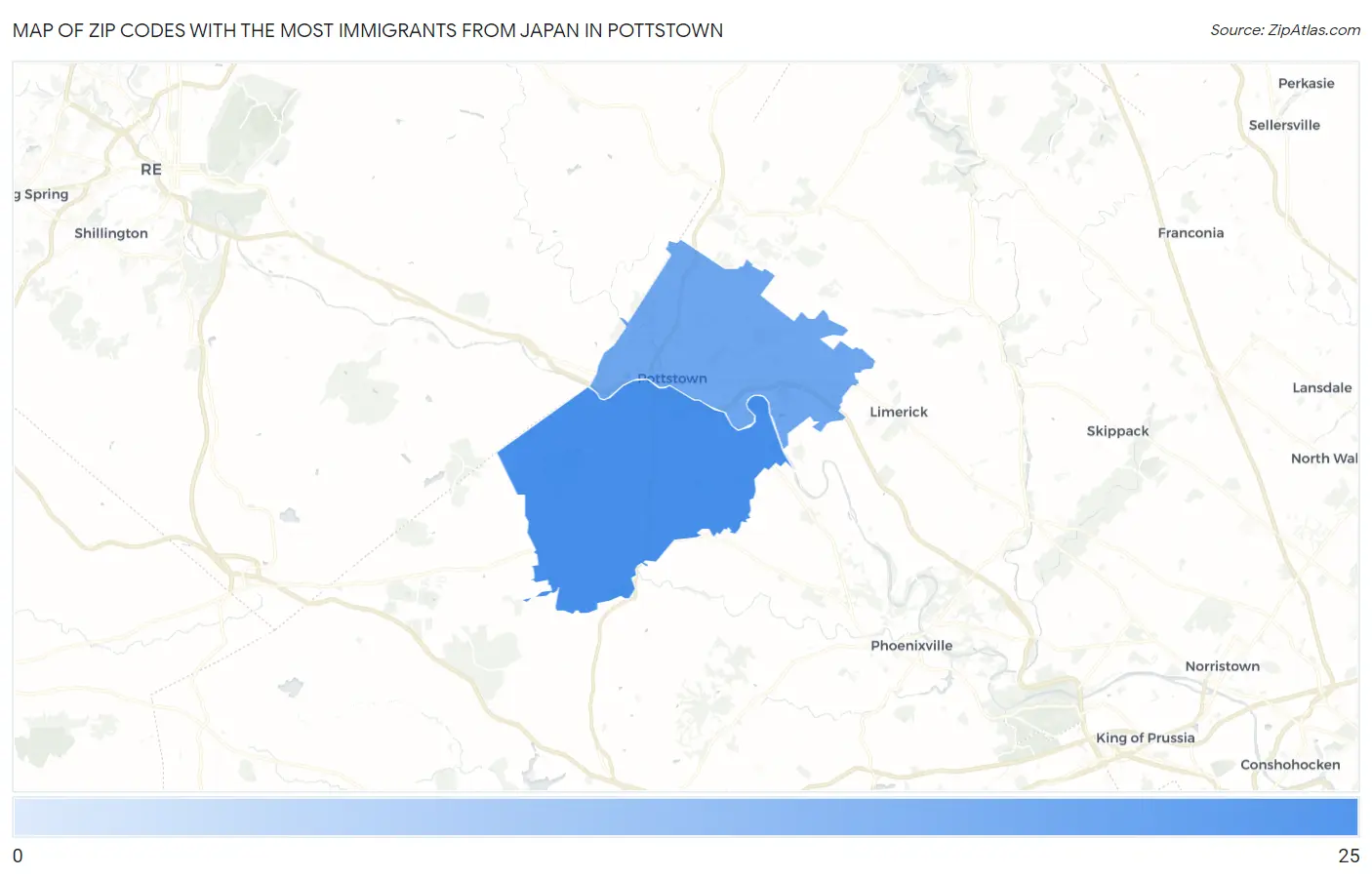 Zip Codes with the Most Immigrants from Japan in Pottstown Map
