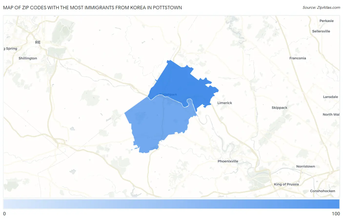Zip Codes with the Most Immigrants from Korea in Pottstown Map