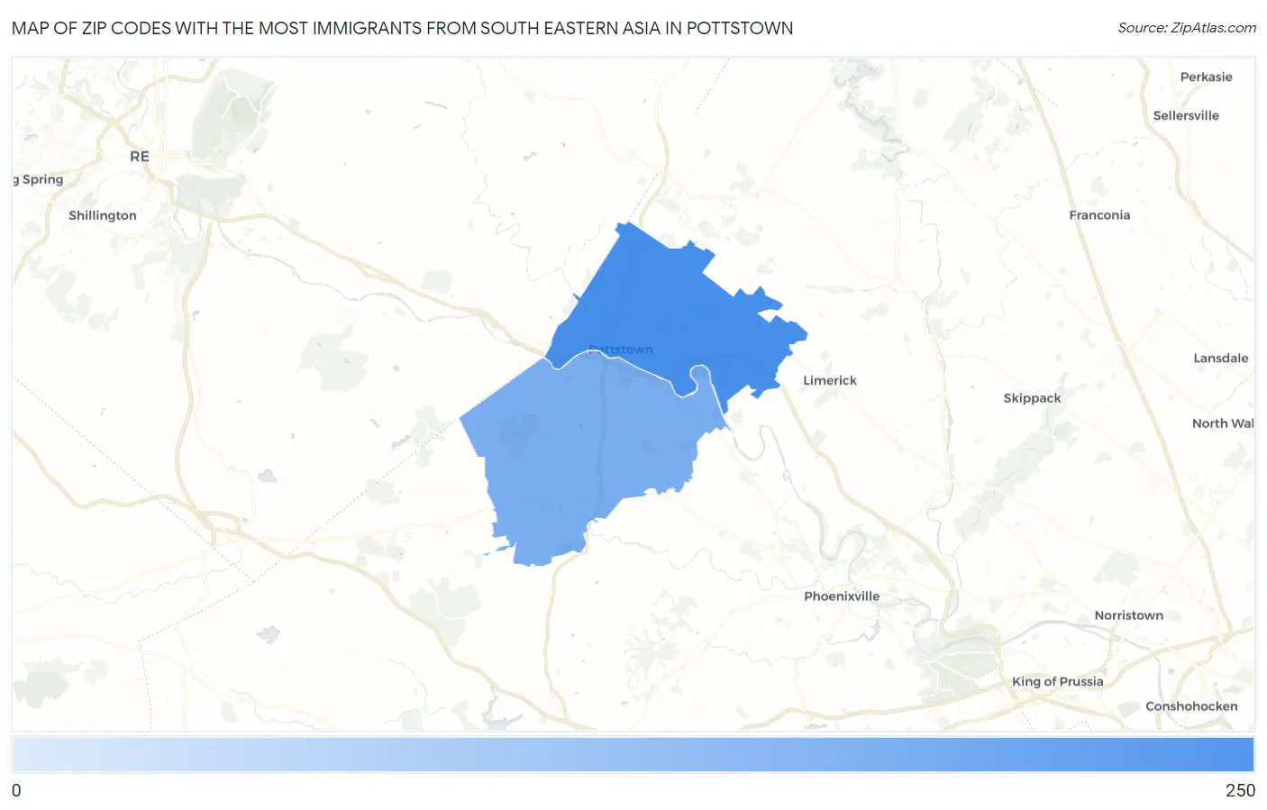 Zip Codes with the Most Immigrants from South Eastern Asia in Pottstown Map