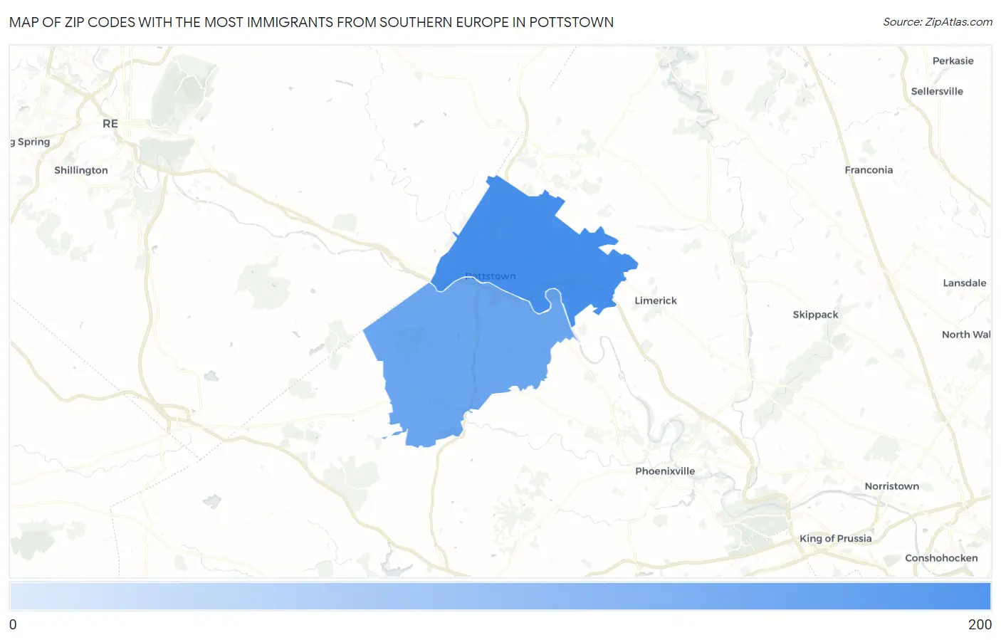 Zip Codes with the Most Immigrants from Southern Europe in Pottstown Map