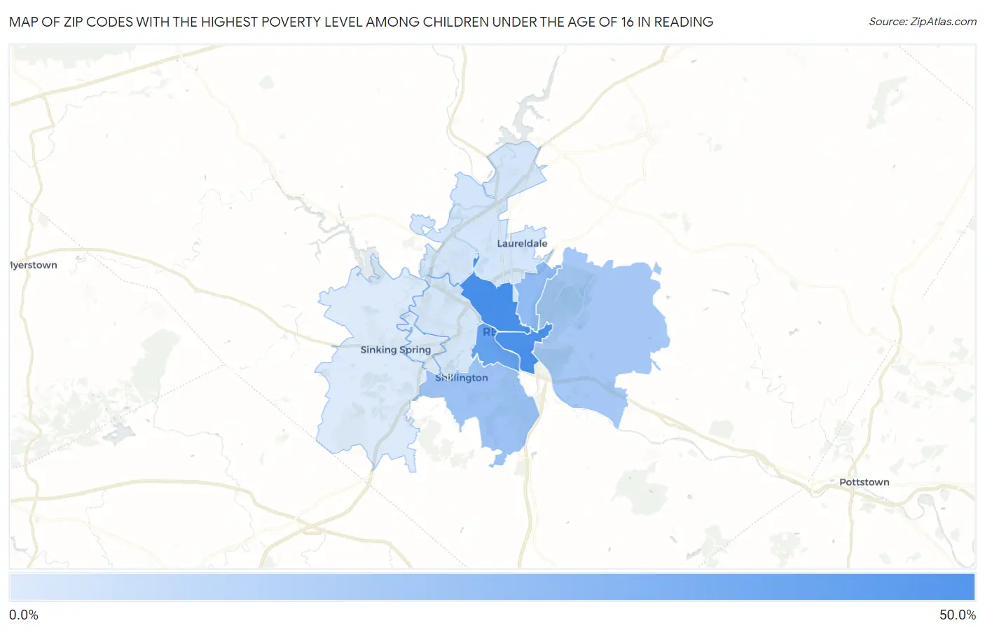 Zip Codes with the Highest Poverty Level Among Children Under the Age of 16 in Reading Map