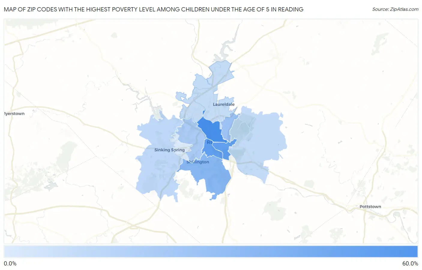 Zip Codes with the Highest Poverty Level Among Children Under the Age of 5 in Reading Map