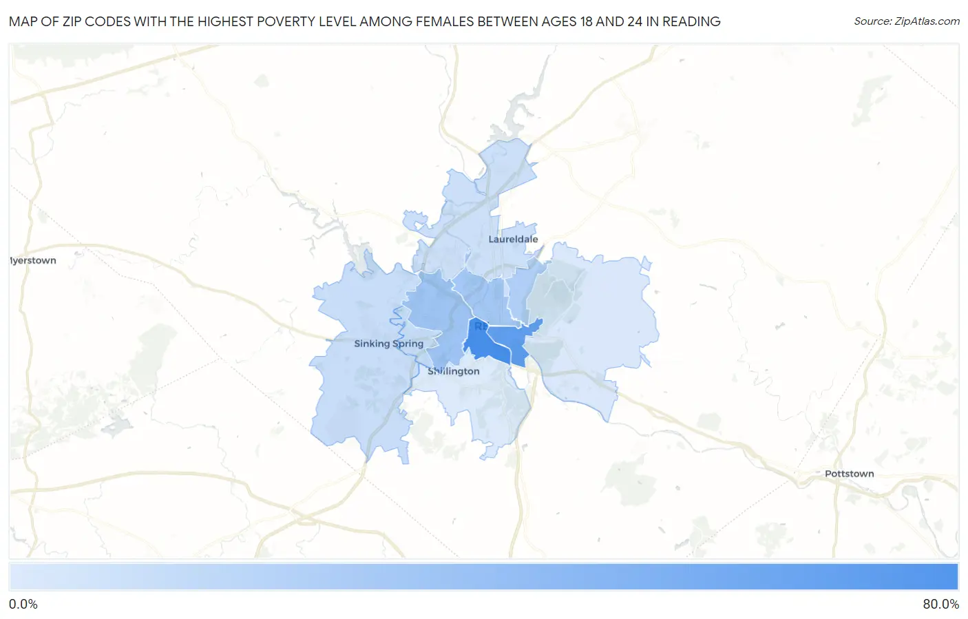 Zip Codes with the Highest Poverty Level Among Females Between Ages 18 and 24 in Reading Map