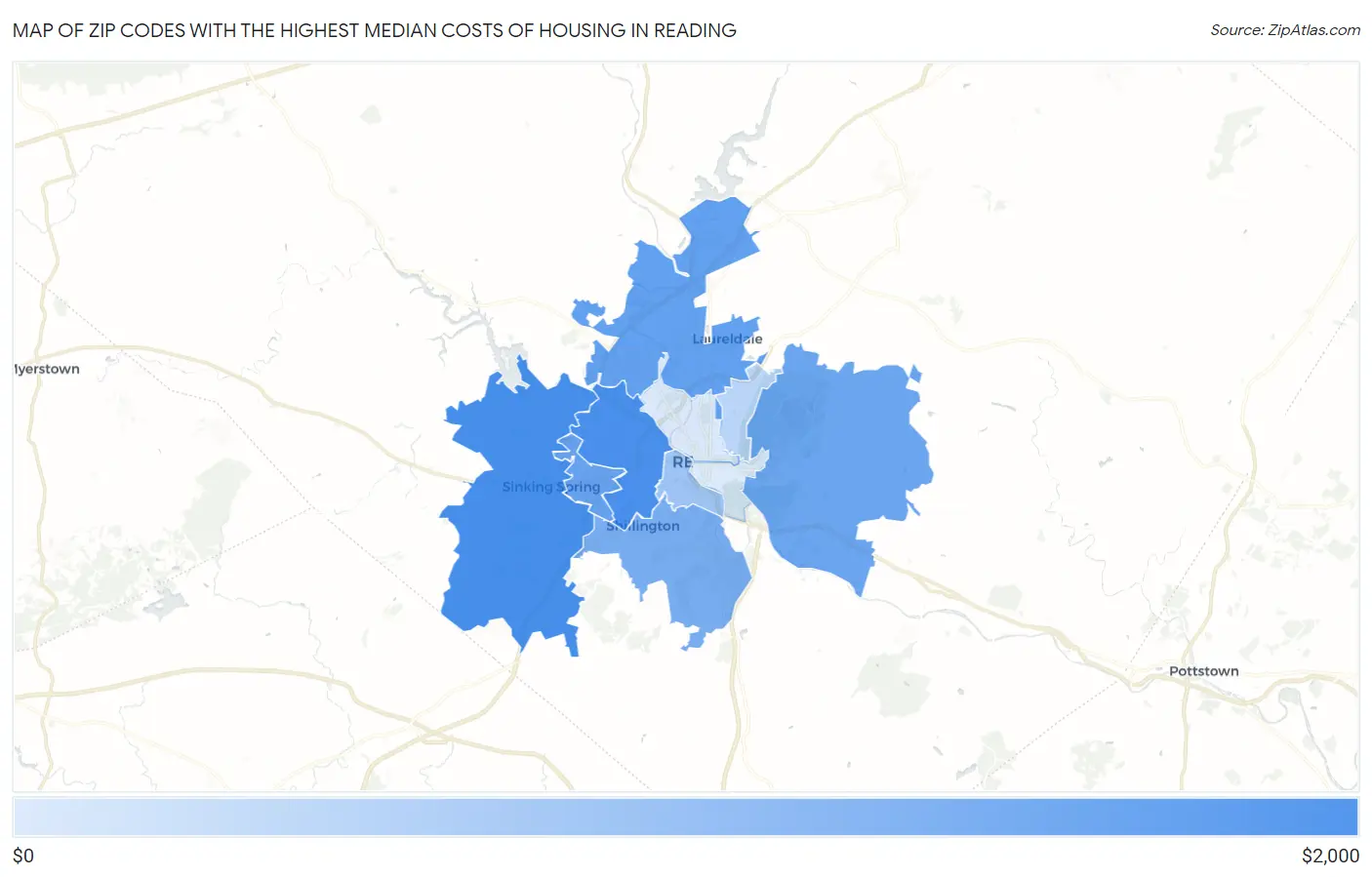 Zip Codes with the Highest Median Costs of Housing in Reading Map