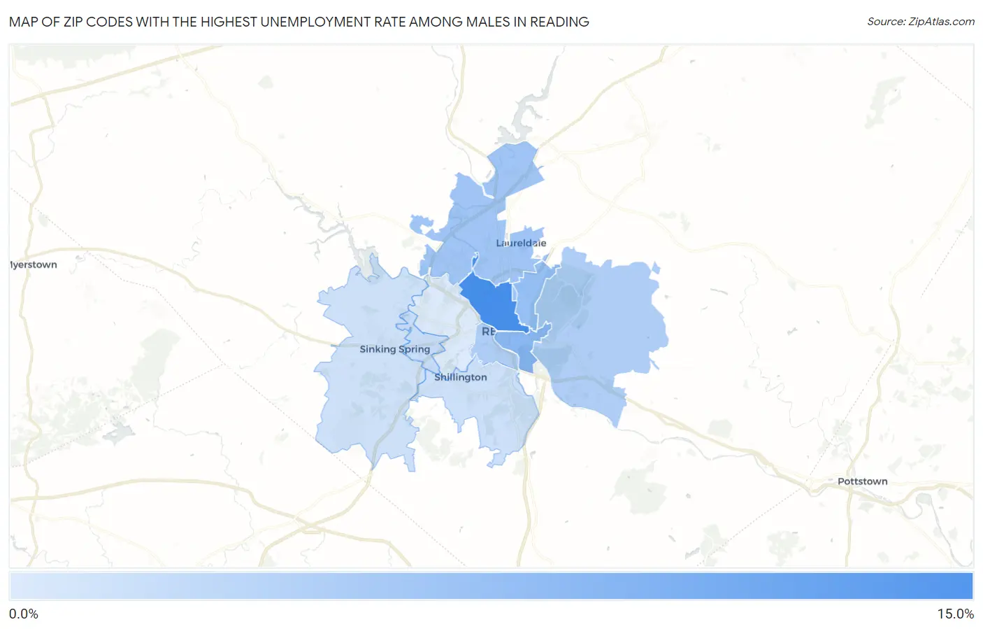 Zip Codes with the Highest Unemployment Rate Among Males in Reading Map