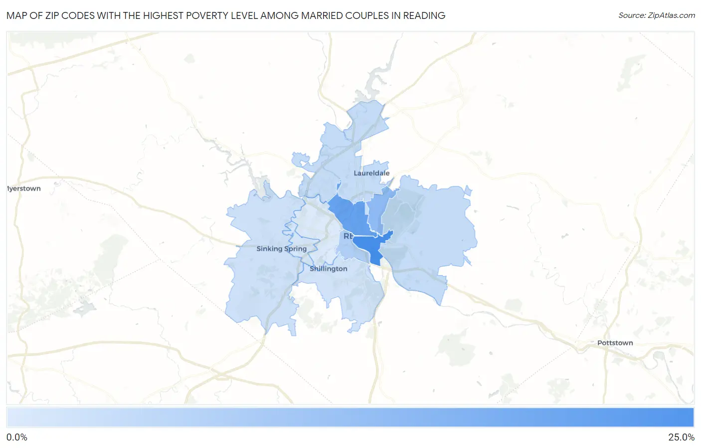 Zip Codes with the Highest Poverty Level Among Married Couples in Reading Map
