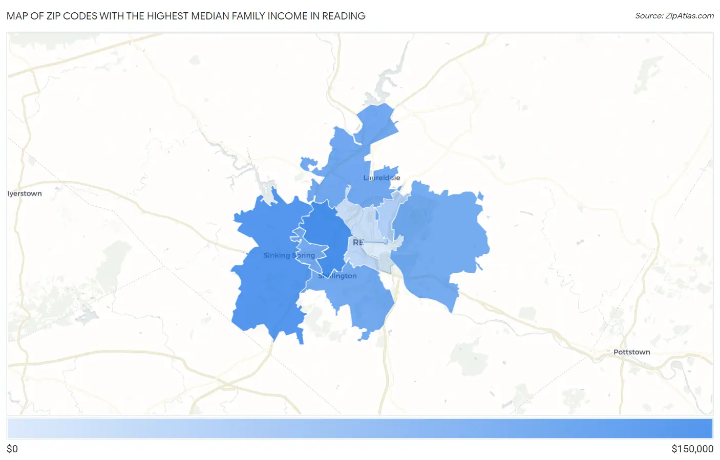Zip Codes with the Highest Median Family Income in Reading Map
