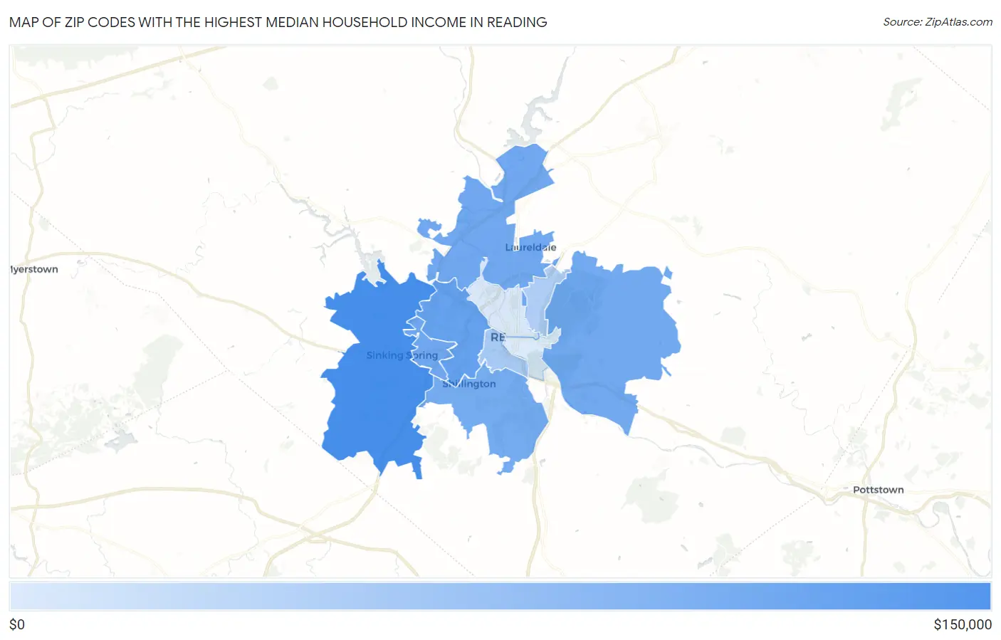 Zip Codes with the Highest Median Household Income in Reading Map