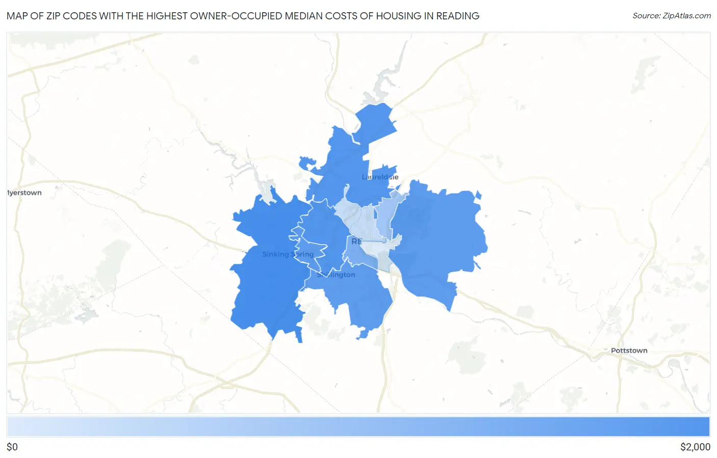 Zip Codes with the Highest Owner-Occupied Median Costs of Housing in Reading Map