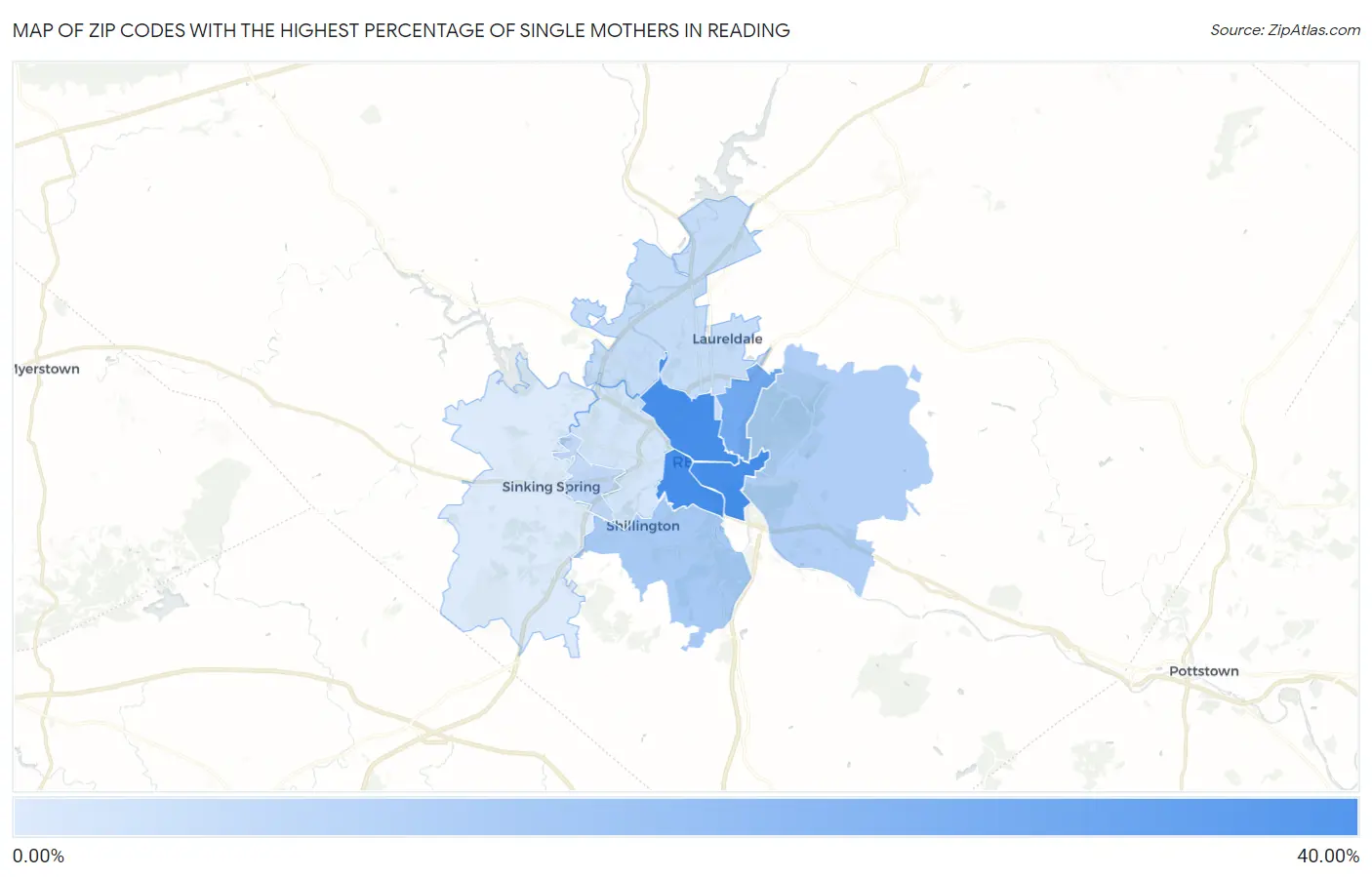 Zip Codes with the Highest Percentage of Single Mothers in Reading Map