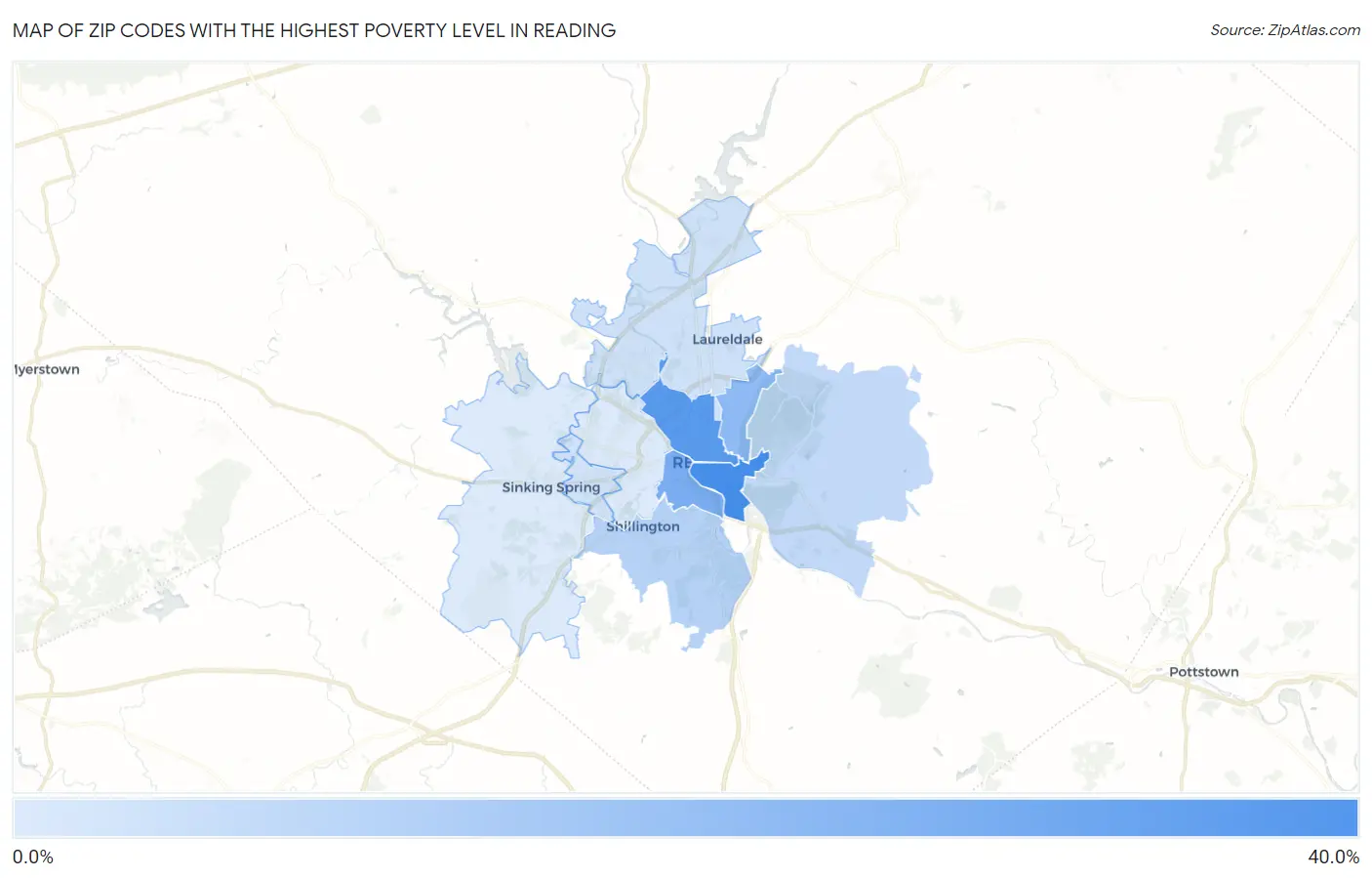 Zip Codes with the Highest Poverty Level in Reading Map