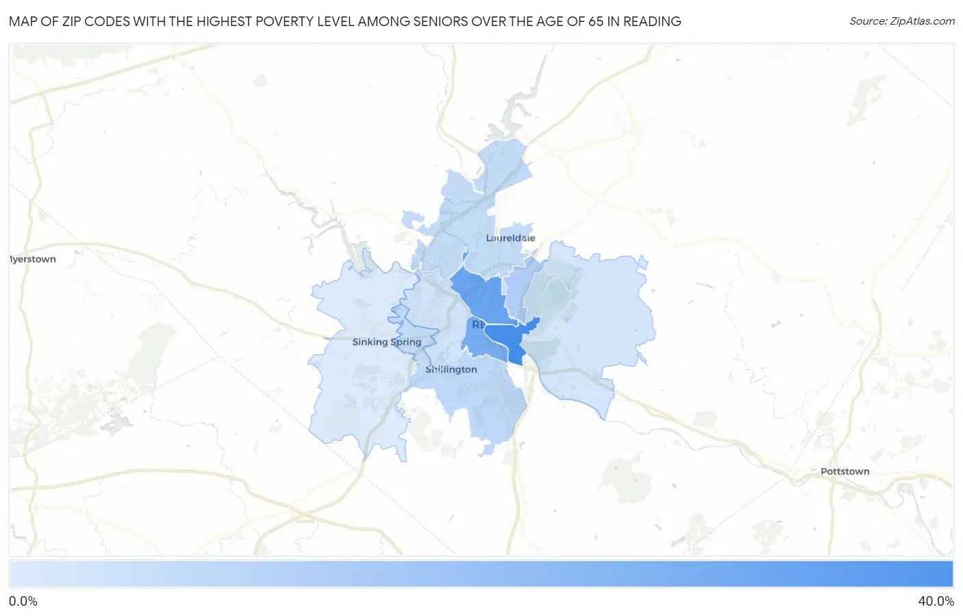 Zip Codes with the Highest Poverty Level Among Seniors Over the Age of 65 in Reading Map