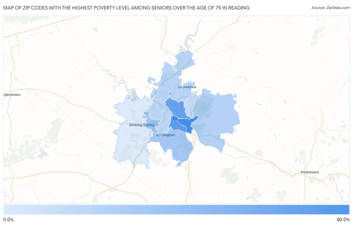 Zip Codes with the Highest Poverty Level Among Seniors Over the Age of 75 in Reading Map