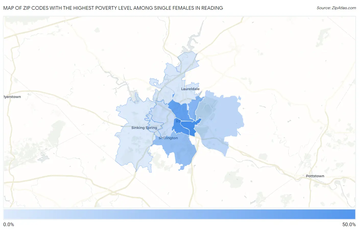 Zip Codes with the Highest Poverty Level Among Single Females in Reading Map