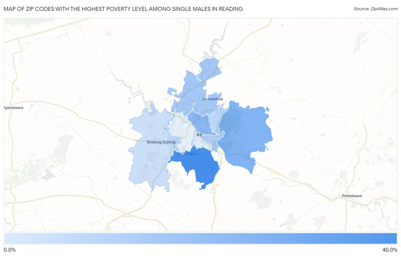 Zip Codes with the Highest Poverty Level Among Single Males in Reading Map