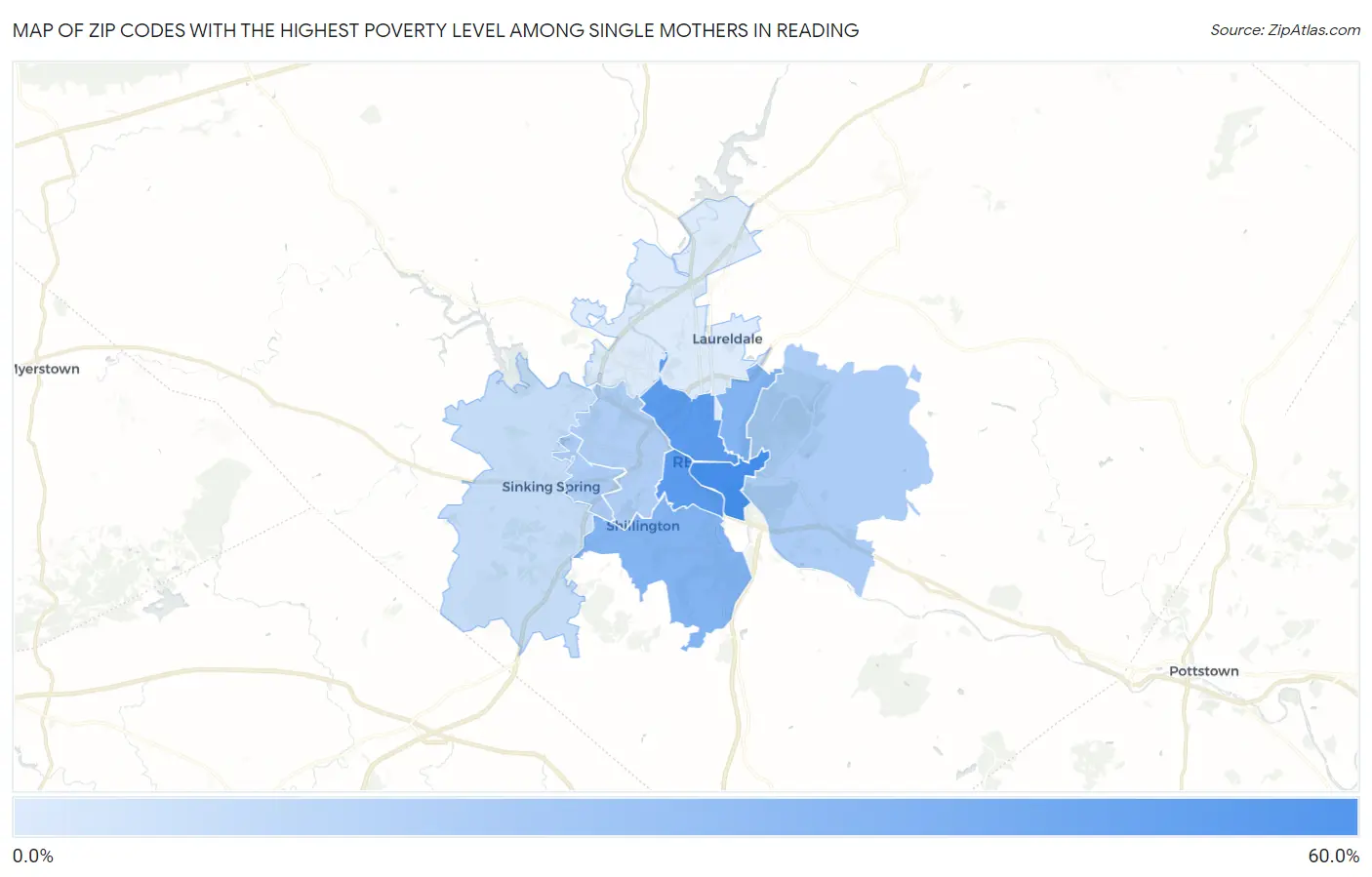 Zip Codes with the Highest Poverty Level Among Single Mothers in Reading Map