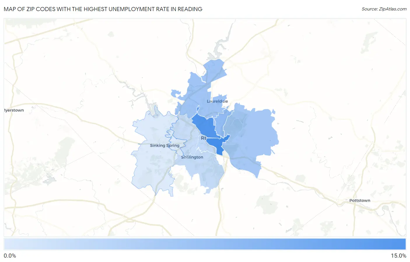 Zip Codes with the Highest Unemployment Rate in Reading Map