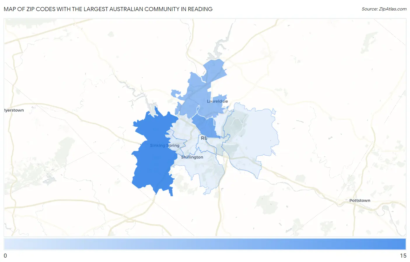 Zip Codes with the Largest Australian Community in Reading Map