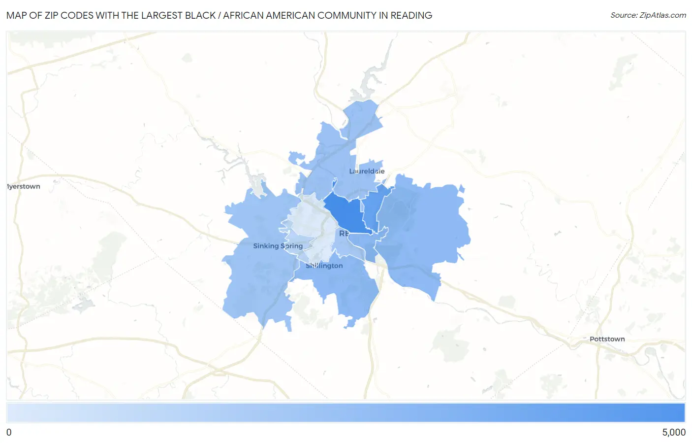 Zip Codes with the Largest Black / African American Community in Reading Map