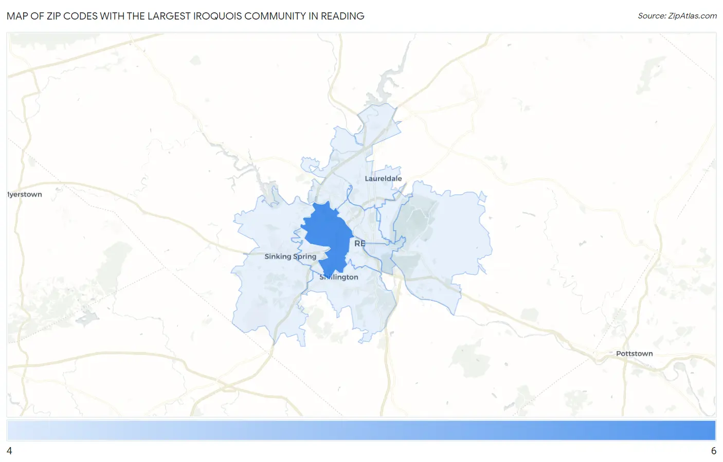 Zip Codes with the Largest Iroquois Community in Reading Map