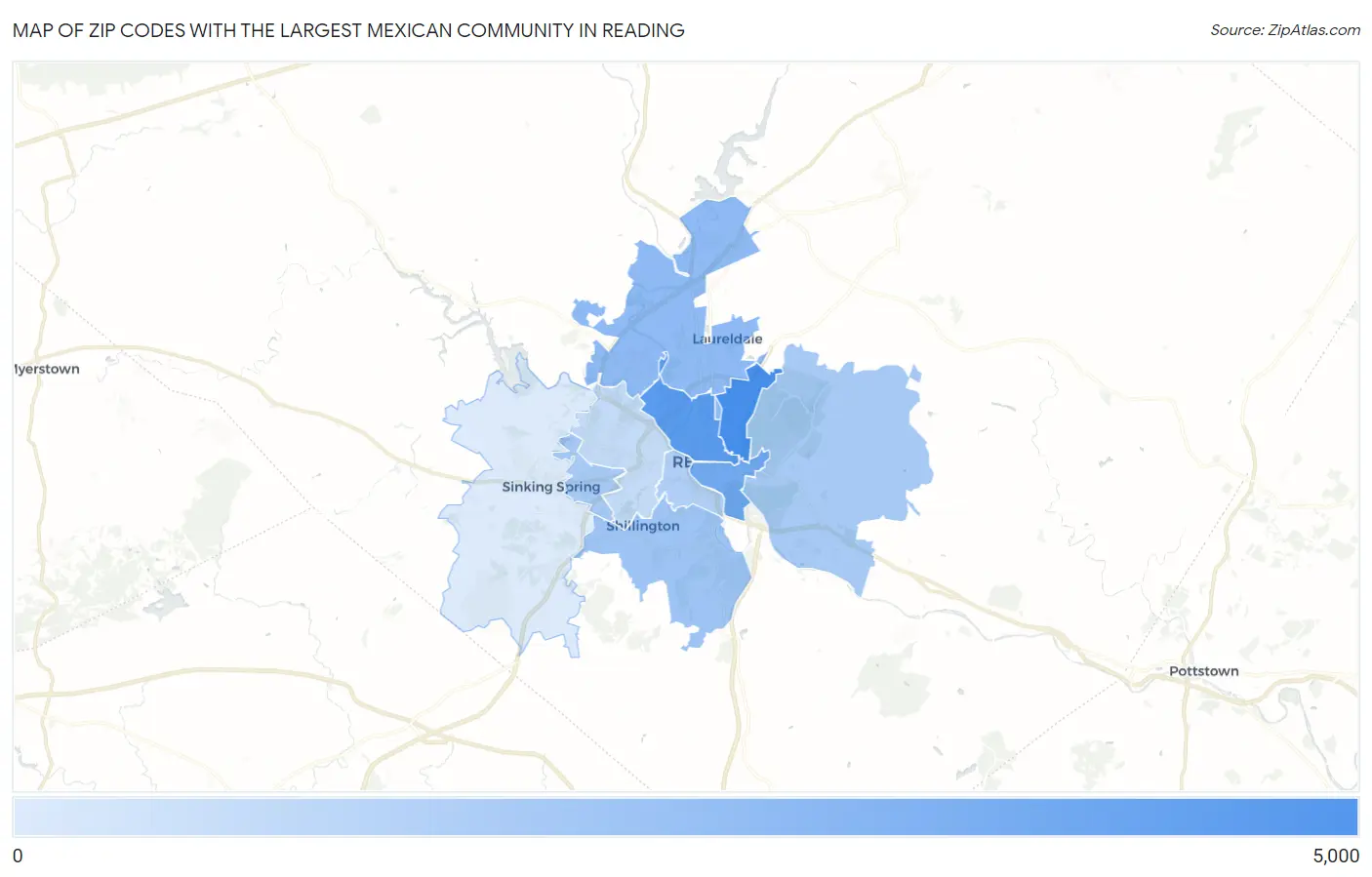 Zip Codes with the Largest Mexican Community in Reading Map