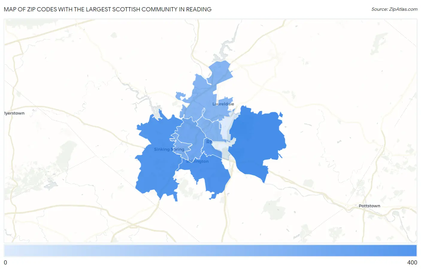 Zip Codes with the Largest Scottish Community in Reading Map