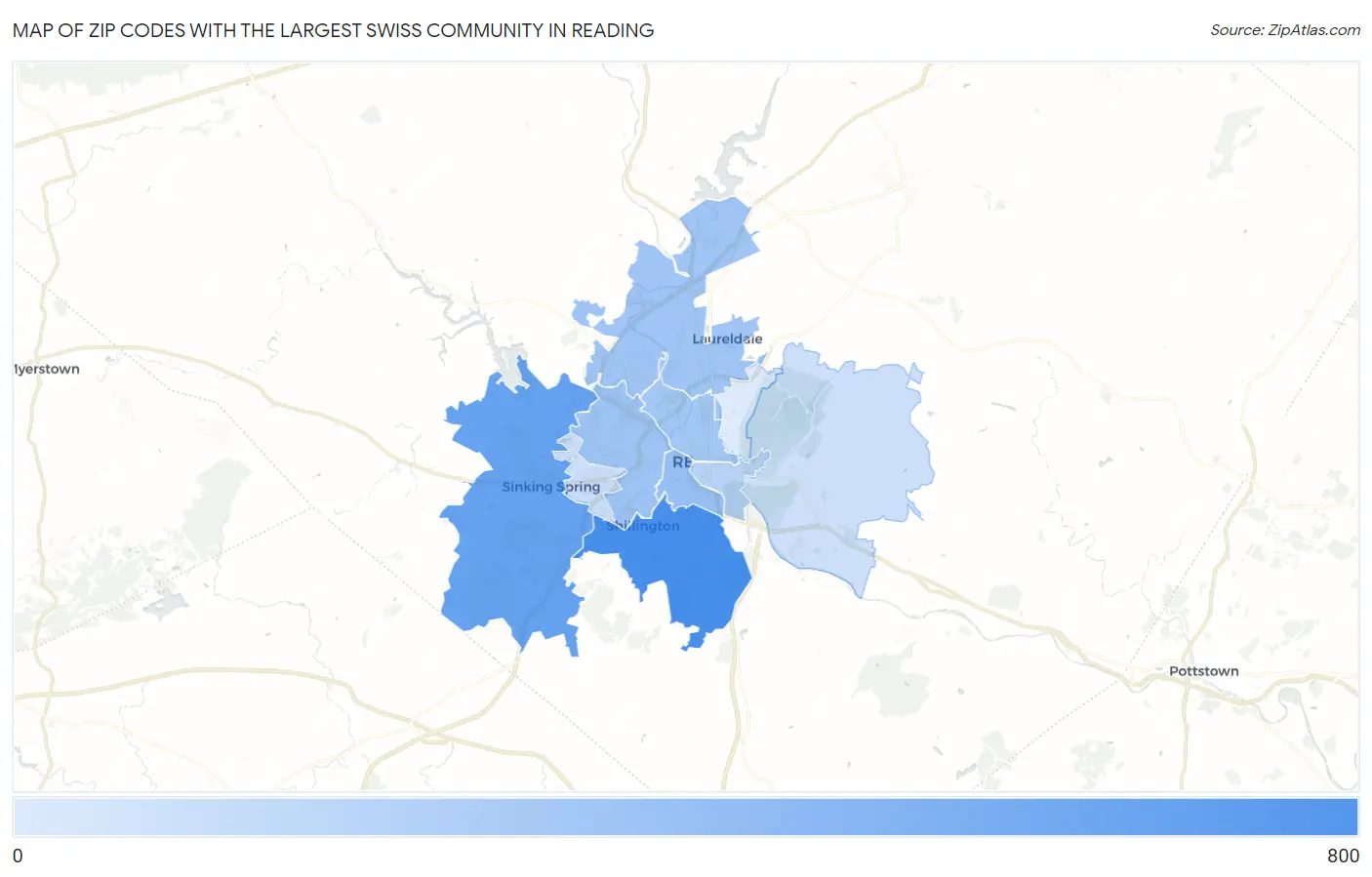 Zip Codes with the Largest Swiss Community in Reading Map