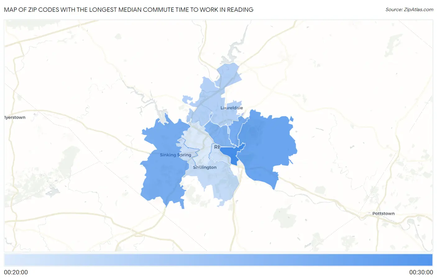 Zip Codes with the Longest Median Commute Time to Work in Reading Map