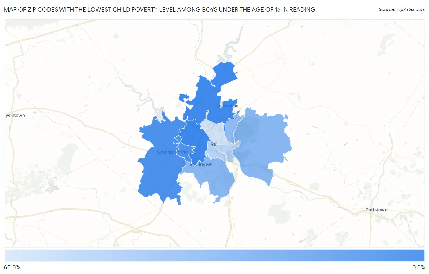 Zip Codes with the Lowest Child Poverty Level Among Boys Under the Age of 16 in Reading Map
