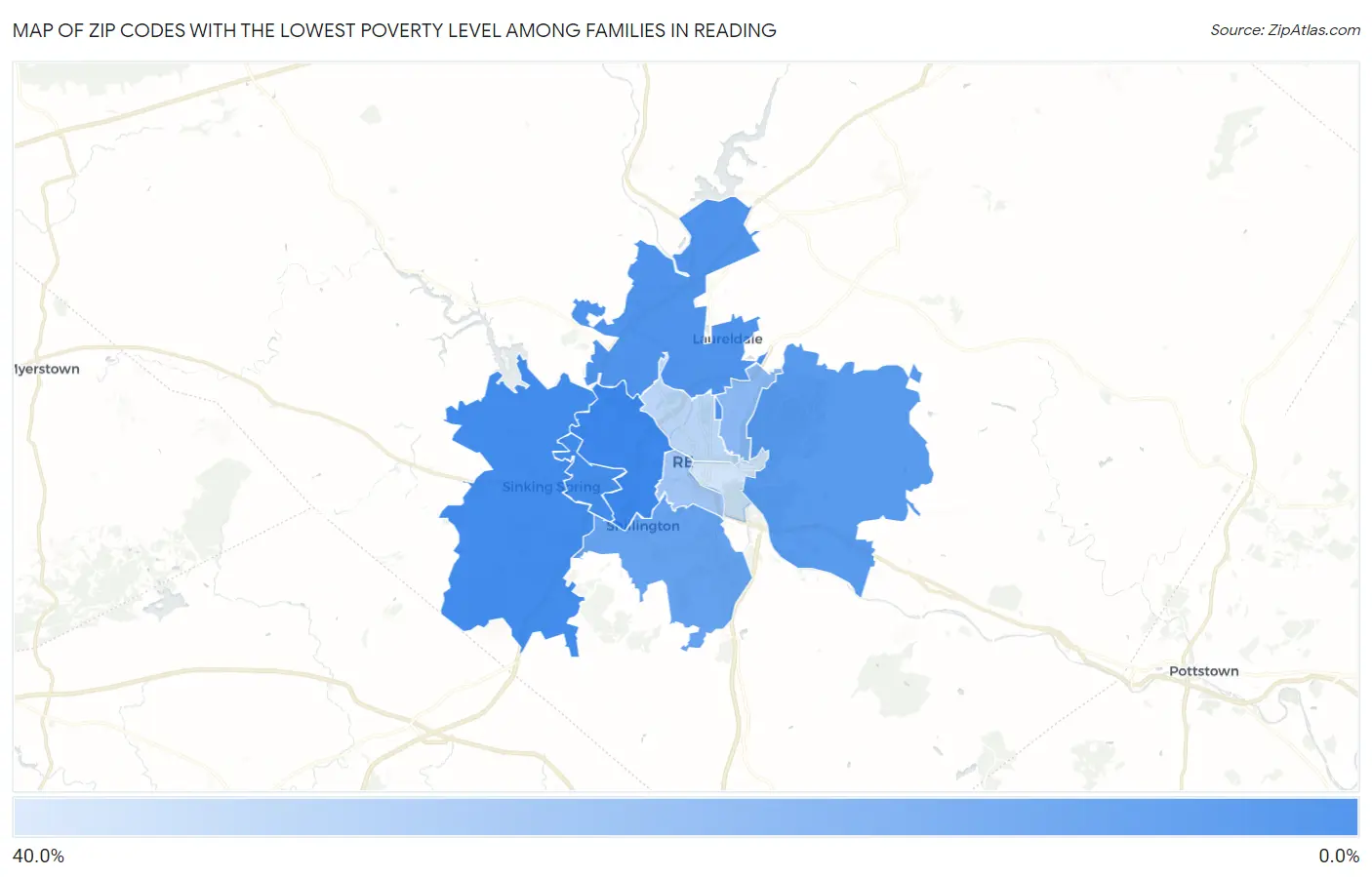 Zip Codes with the Lowest Poverty Level Among Families in Reading Map