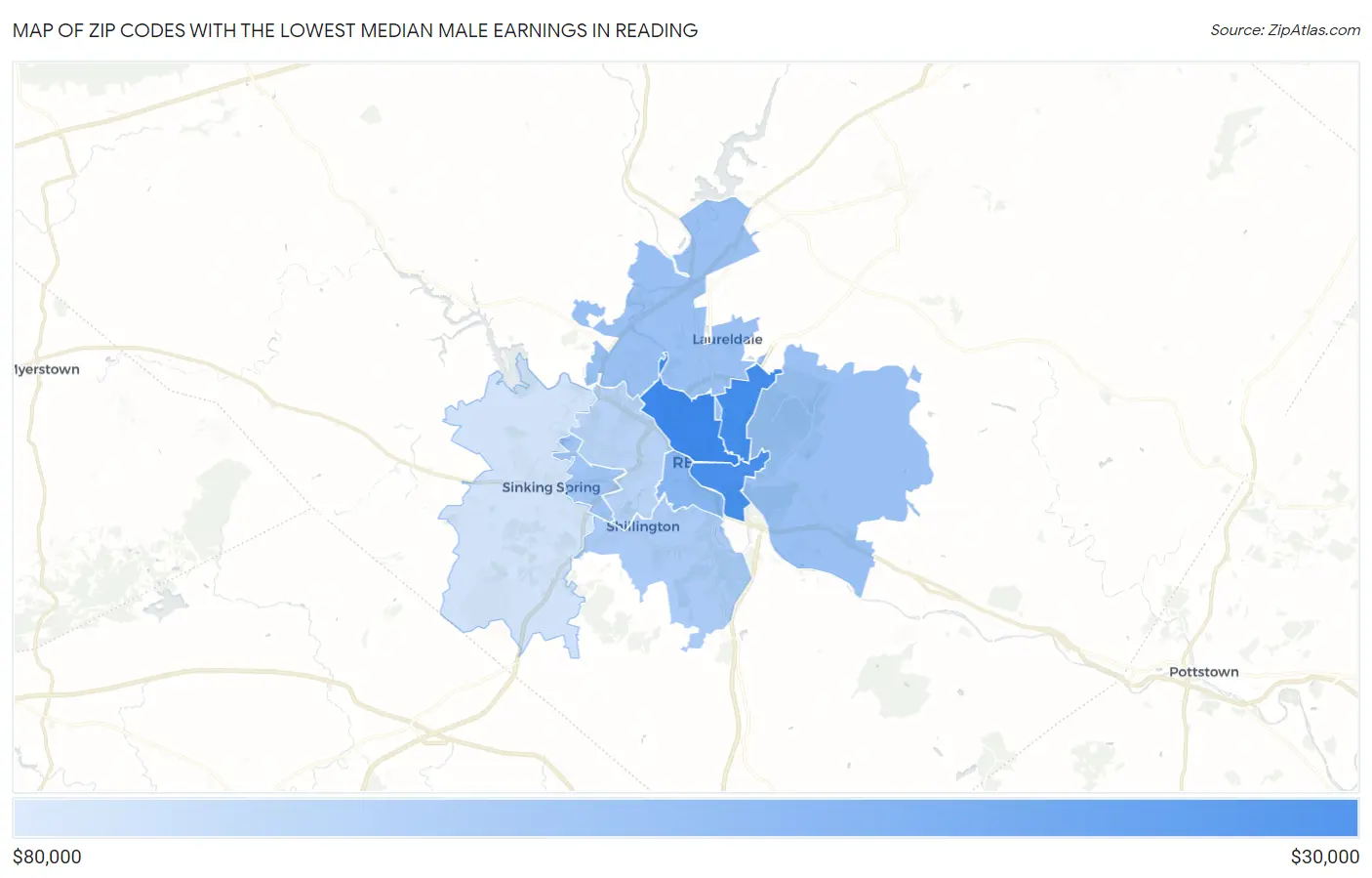 Zip Codes with the Lowest Median Male Earnings in Reading Map