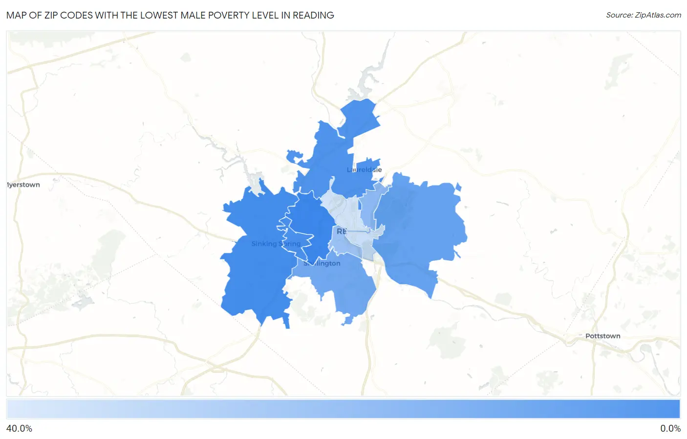 Zip Codes with the Lowest Male Poverty Level in Reading Map