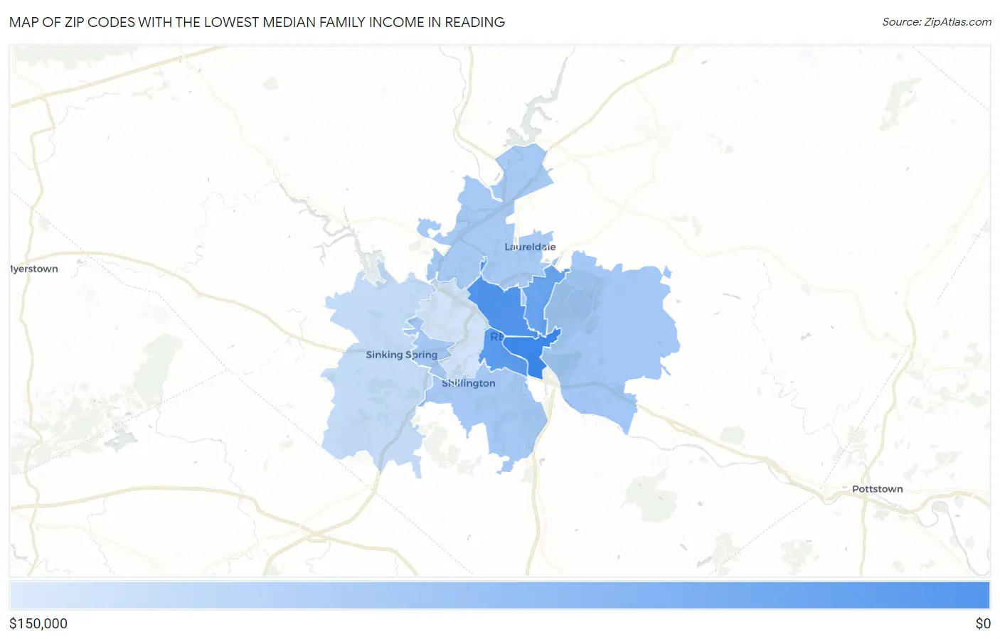 Zip Codes with the Lowest Median Family Income in Reading Map