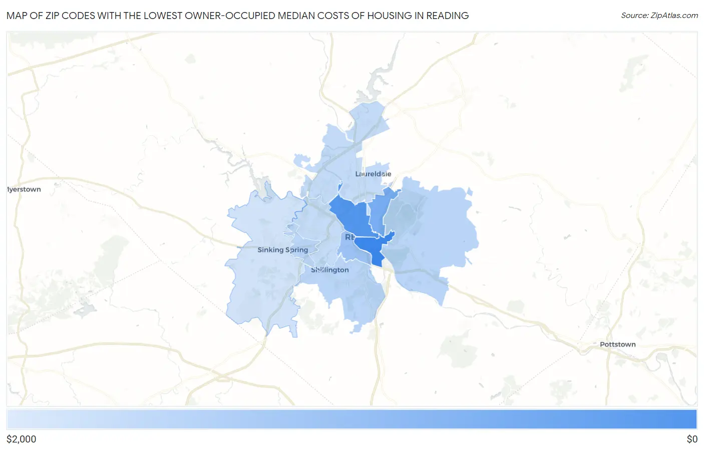 Zip Codes with the Lowest Owner-Occupied Median Costs of Housing in Reading Map