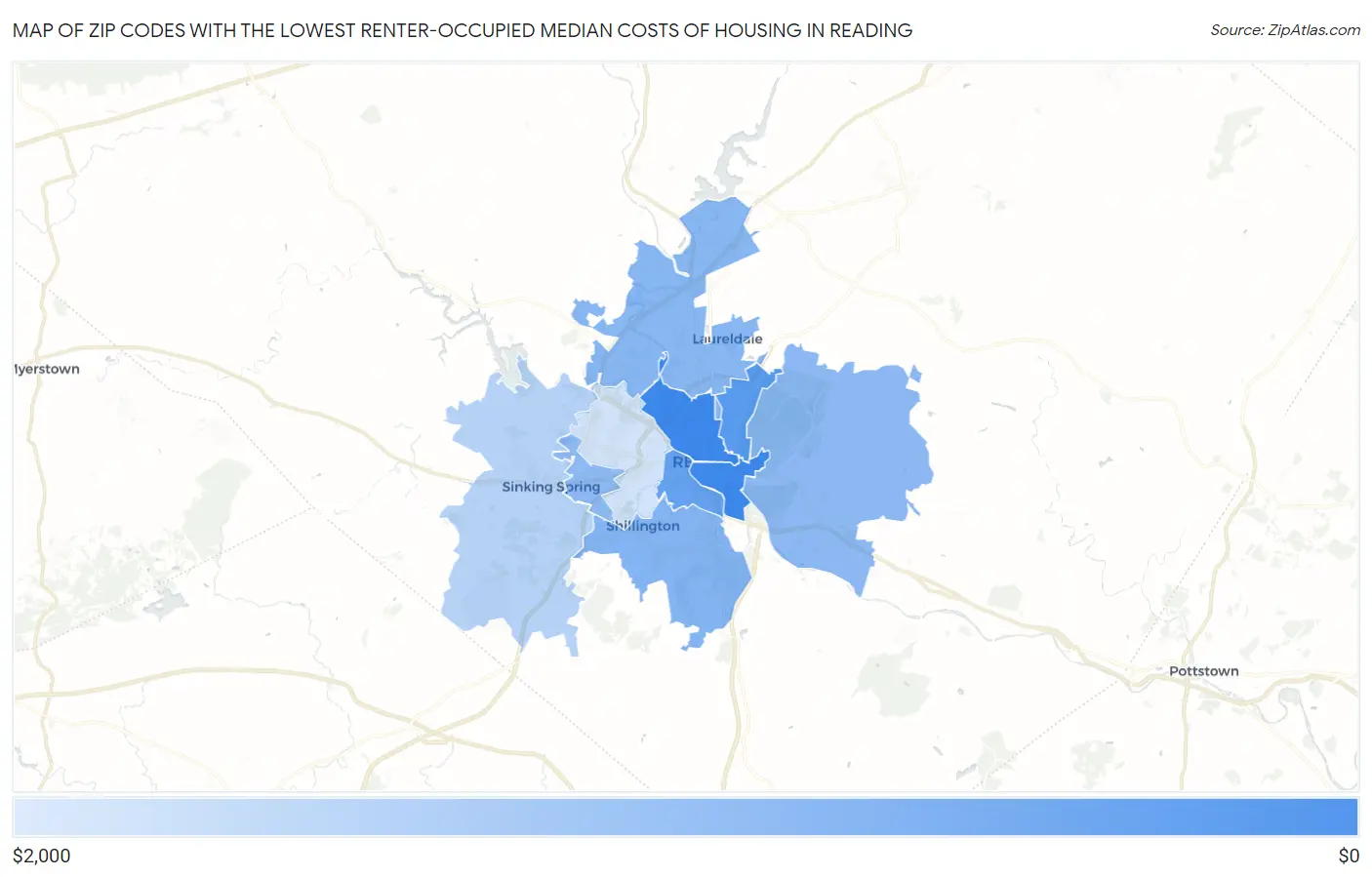 Zip Codes with the Lowest Renter-Occupied Median Costs of Housing in Reading Map