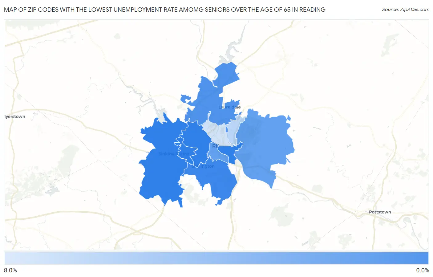 Zip Codes with the Lowest Unemployment Rate Amomg Seniors Over the Age of 65 in Reading Map