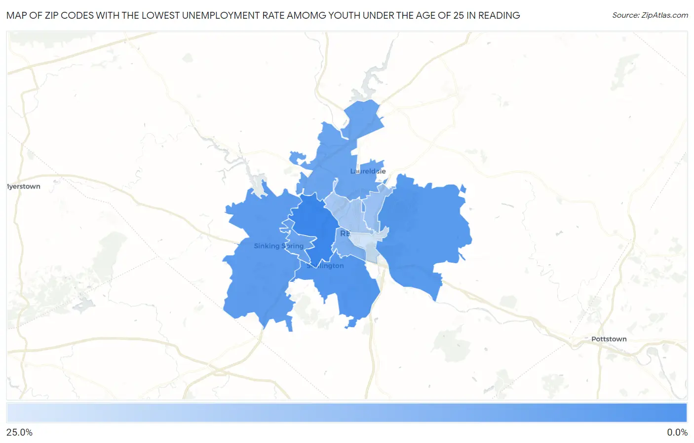 Zip Codes with the Lowest Unemployment Rate Amomg Youth Under the Age of 25 in Reading Map