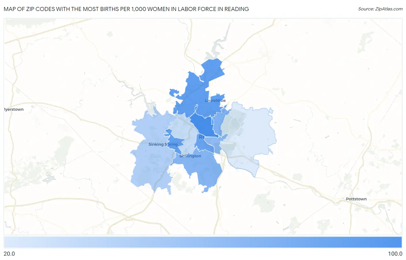 Zip Codes with the Most Births per 1,000 Women in Labor Force in Reading Map